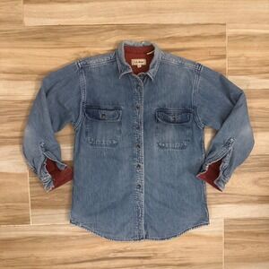 LL Bean Flannel Lined Denim Shirt Jacket Womens Small Blue Red Plaid Vintage